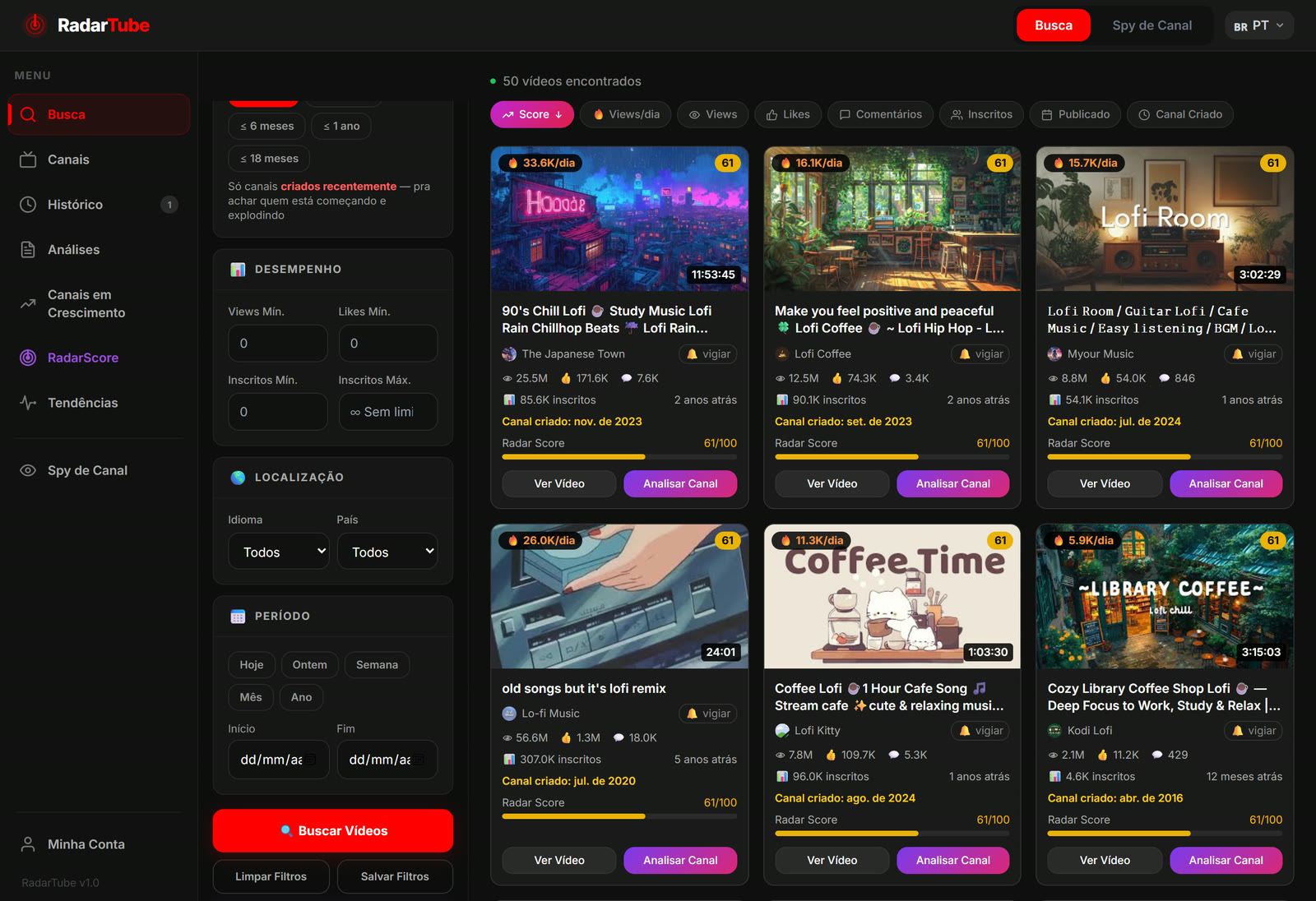 Busca do RadarTube com vídeos ordenados por Radar Score, views por dia e filtros
