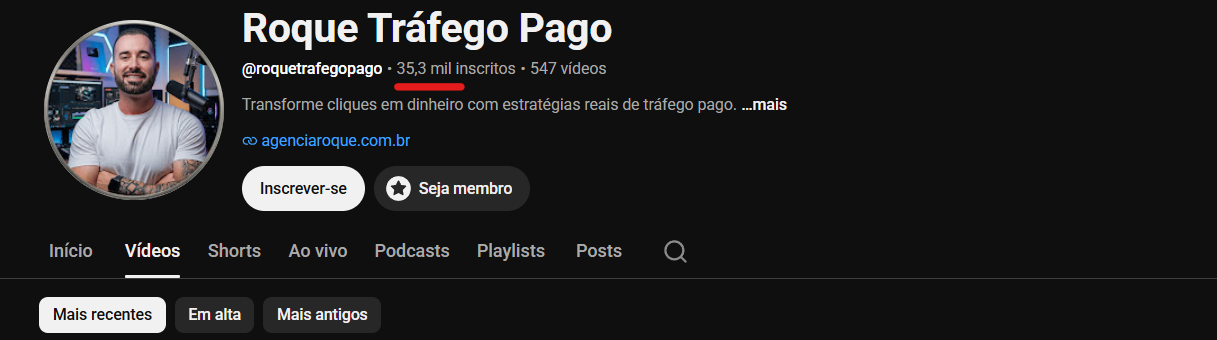 Canal Roque Tráfego Pago no YouTube