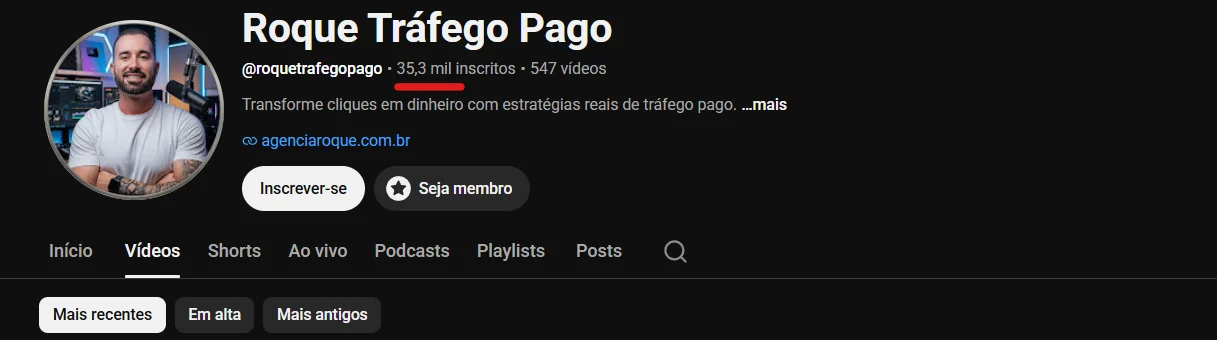 Canal Roque Tráfego Pago no YouTube